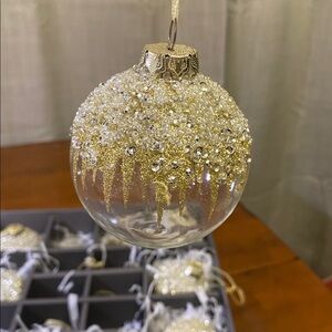 34th & Pine 18 Glass Assorted  Ornaments  with Silver Beads / gold Glitter w Box